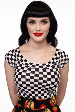 Boat Neck Top In Checkers -Retrolicious 3855 3533 3